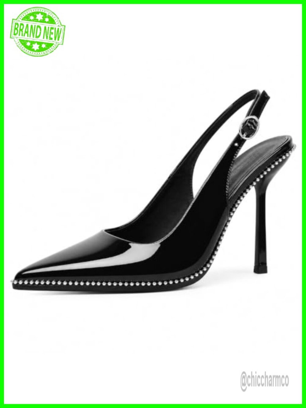 Handmade Beaded Pointed Toe Slingback Stiletto Heels Faux Leather Dress Pumps